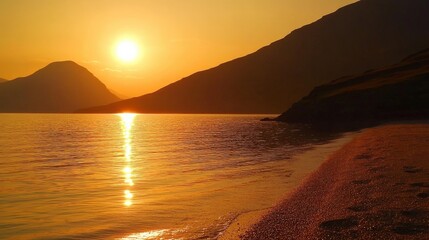 Serene Beach Sunset with Warm Golden Light Reflecting on Calm Water and Soft Sand