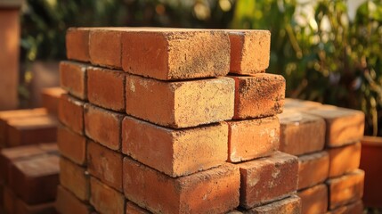 Stacked Red Bricks in a Garden Setting with Green Foliage