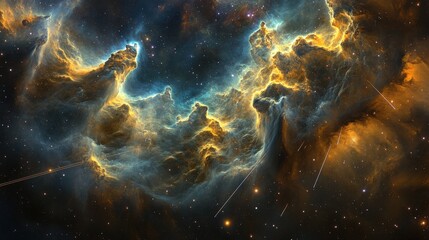 Obraz premium Beautiful Cosmic Landscape with Shooting Stars and Glowing Nebulae in Dark Sky