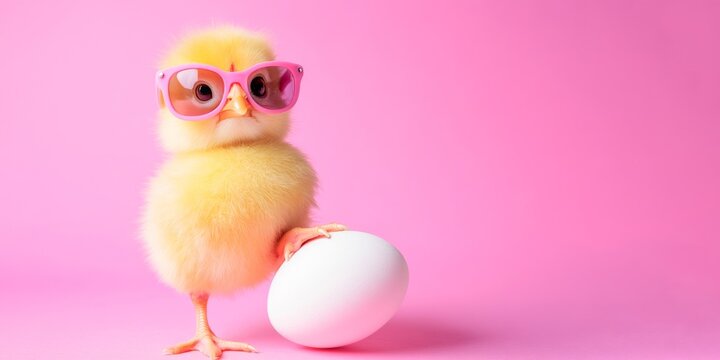 happy easter concept holiday greeting card - Cool cute chick with sunglasses and easter egg, isolated on pink background