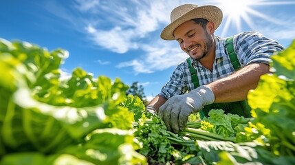Happy farmer harvesting fresh green vegetables on sunny farm.