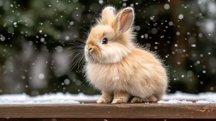 Obraz premium Fluffy bunny in winter snow, outdoors, postcard