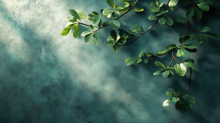 Obraz premium Abstract tree leaves shadows on gray green concrete wall texture with roughness and irregularities. Abstract trendy nature concept background, copy space for text overlay, poster mockup, flat lay.