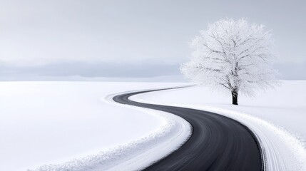 Obraz premium Winding winter road, snow-covered tree, calm landscape, serene winter scene, travel photography