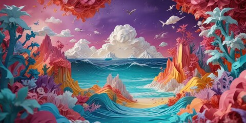 multi-dimensional colorful paper art with oceanic elements, textured art, creative composition, unique landscape
