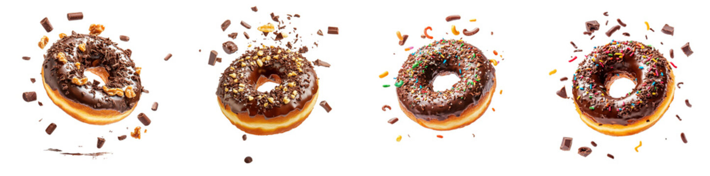 Chocolate Hanukkah donut flying through the air, toppings scattering, rich chocolate glaze, isolated on white background. Collection Png.