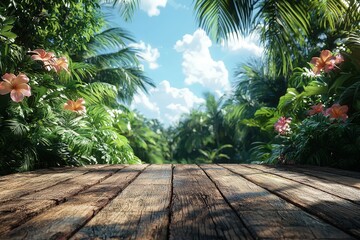 Table background of free space for your decoration and tropics and blue sky background