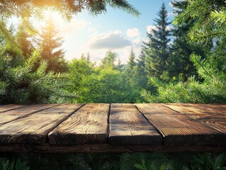 Table background of free space for your decoration and calm forest and blue sky background