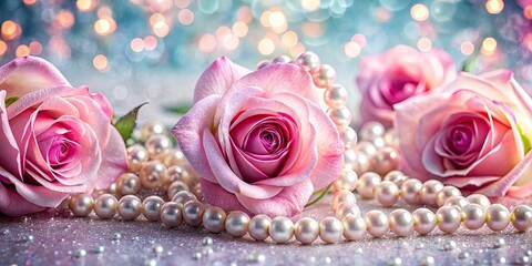 Elegant Pink Roses Pearls Panoramic Shimmering Background
