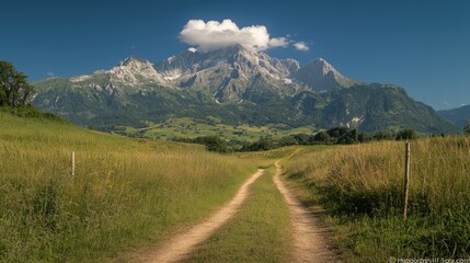 Fototapeta premium Mountain Path Rural Road leading to Majestic Alpine Peaks under a Blue Sky. Use Travel Brochure