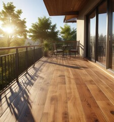Outdoor wooden decking and balcony in sunlight, sunlit, relaxation, leisure
