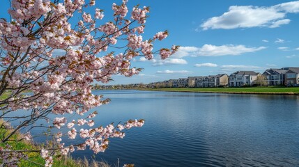 Beautiful Sakura Tree in Full Bloom Beside a Calm River with Colorful Petals Drifting