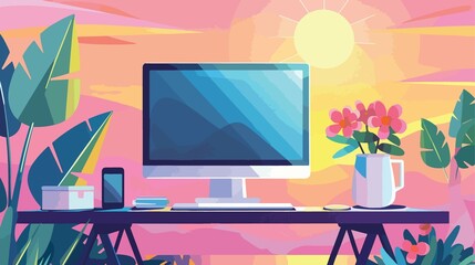 Sleek Modern Computer Desk with Elegant Vase of Flowers and Stunning Sunset Background