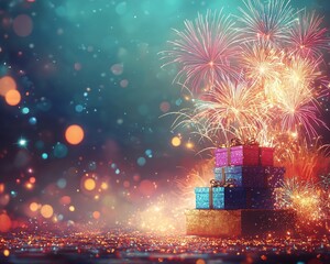 Festive gifts with vibrant fireworks display.