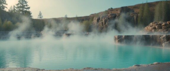 Cinematic shot of steaming natural hot springs with warm geothermal pools in a serene location.