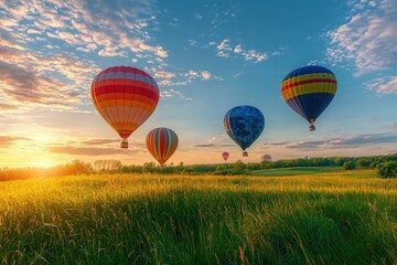 Obraz premium Beautiful landscape with colorful hot air balloons at sunrise