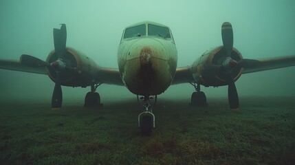 Foggy field, abandoned propeller plane, mystery