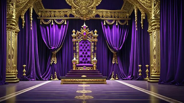 Luxurious Royal Throne Room with Ornate Gold Decorations, Rich Purple Drapes, and a Majestic Velvet Throne

