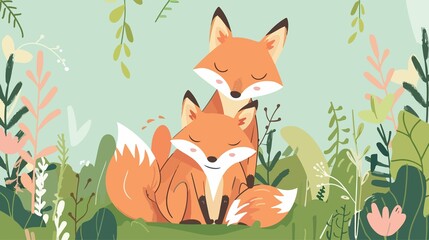 Fototapeta premium Mother's Day Foxes Flat Vector Illustration