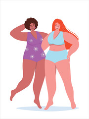 Girls in swimsuits are happy with themselves and their bodies. Beautiful tanned women on vacation in summer. Vector flat graphics.