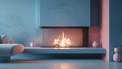 Cozy Modern Fireplace in Soft Blue and Pink Interior Setting
