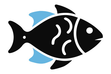 A cute cartoon fish illustration on a white background, representing marine life and underwater creatures like dolphins and sharks, with a playful and aquatic theme