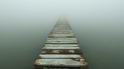 Obraz premium Foggy lake pier, misty path, serene scene, travel poster