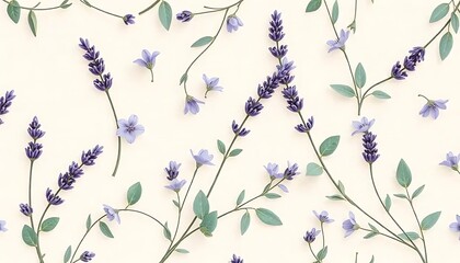Lavender and delicate blue flowers arranged on a cream background