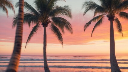 Drone shot of golden Coastal Sunset with Palm Trees and Gentle Waves.