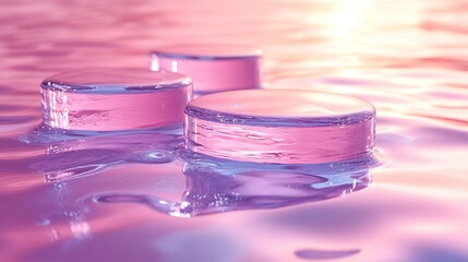 an abstract surreal scene of an empty stage with three clear glass cylinder podiums on a pastel pink holographic background in water, a pedestal for cosmetic product packaging mockups display 