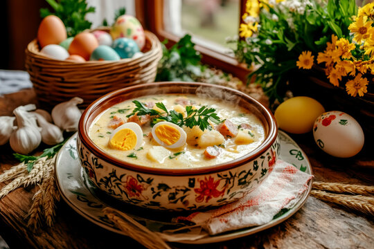 A beautifully decorated Easter table set for a zurek traditional Polish Easter meal. AI generative.