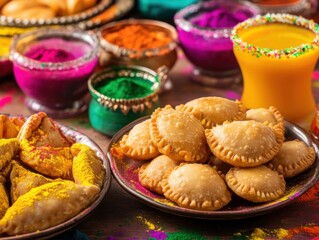 Close-up of traditional Indian sweets like gujiya and Holi-themed drinks on a festive table