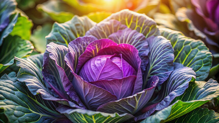 Fototapeta premium Purple cabbage growing in sunlit garden