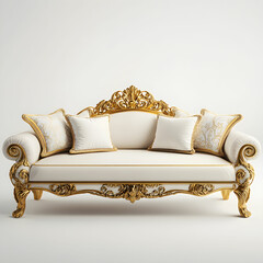 A luxurious white and golden sofa with intricate detailing, placed on a pristine white background, exuding opulence and sophistication