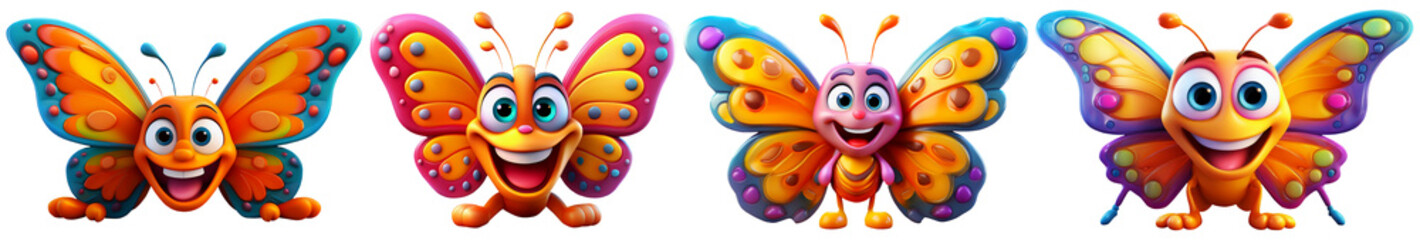 Naklejka premium Close-up of a cute cartoon character of a smiling rubber butterfly, isolated on white or transparent background, collection and variation. Png. Generative Ai.
