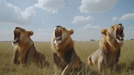 Three lions roaring in a grassy field with a blue sky and some clouds in the background