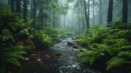 Fototapeta premium Misty rainforest stream flows through ferns.