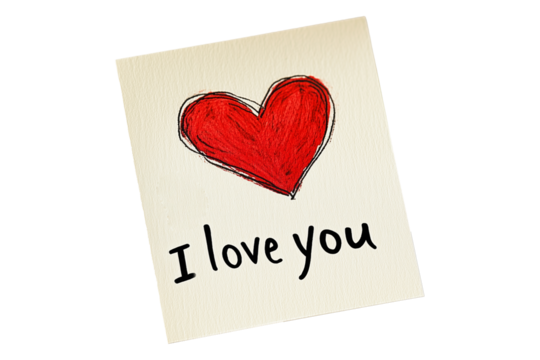 Hand drawn red heart sketch with I Love You text below placed on a yellow textured paper isolated on white transparent background. Concept of love and affection
