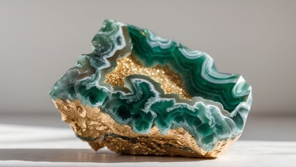 Obraz premium Green and gold agate gemstone crystal geode closeup macro.