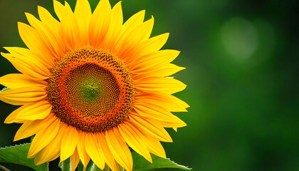 Obraz premium Vibrant close-up of a single sunflower against a blurred green background. Perfect for nature, summer, or agriculture themes. Ideal for websites, blogs, and social media.