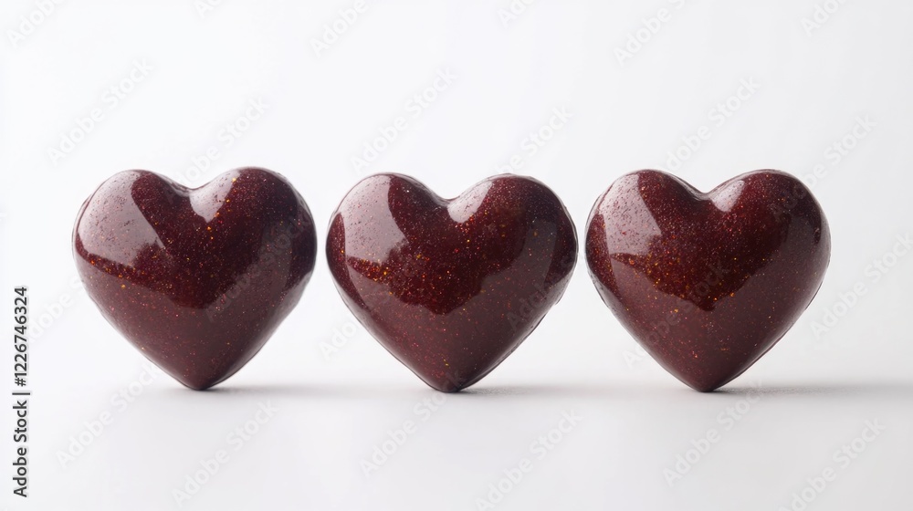 Poster three heart-shaped chocolates sitting side by side on a flat surface