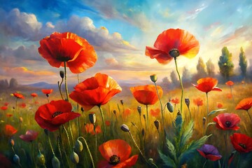 Fototapeta premium Painting of a field of red poppies. Watercolor