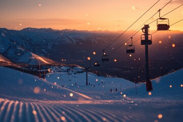 Aerial view of a ski lift descending a snowy mountain, suitable for winter sports and tourism images