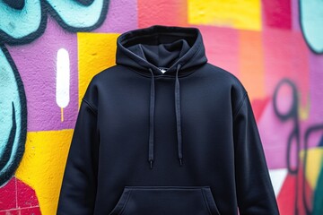 A black hoodie hanging on a colorful wall, perfect for a fashion or pop culture inspired image