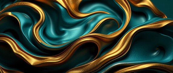 Obraz premium Abstract Curved Green and gold shape with Lighting Effect – Luxury Design on green and gold Background with Copy Space.