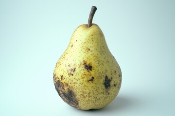 A yellow pear with black spots, perfect for a still life or food photography composition