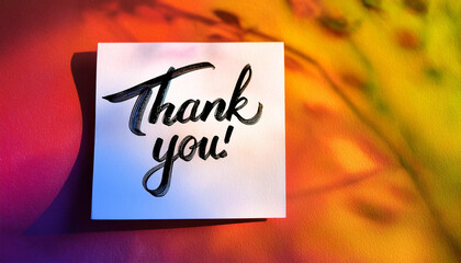 "Thank You" note handwriting on a colorful background
