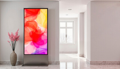 Vibrant digital frame showcasing colorful abstract art in hallway, modern decor
