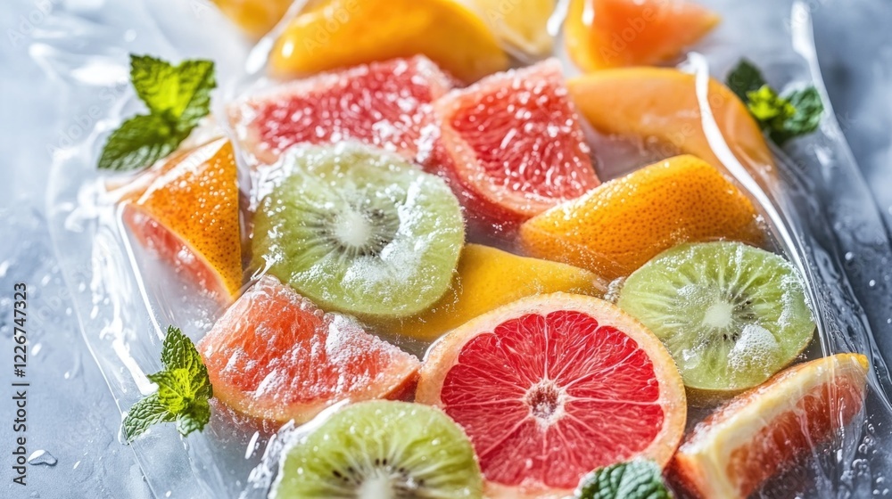 Poster a colorful arrangement of sliced fruits on a table, perfect for snacking or decorating