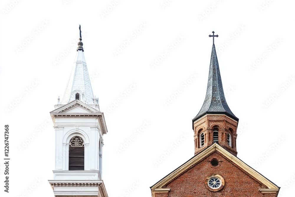 Poster a church building with a tall steeple and a clock face visible